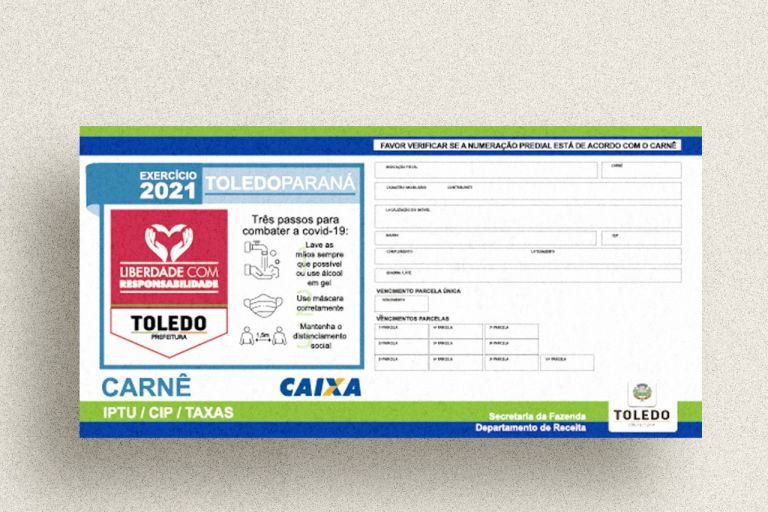 Distribuição de carnês do IPTU Toledo 2021 inicia na próxima semana
