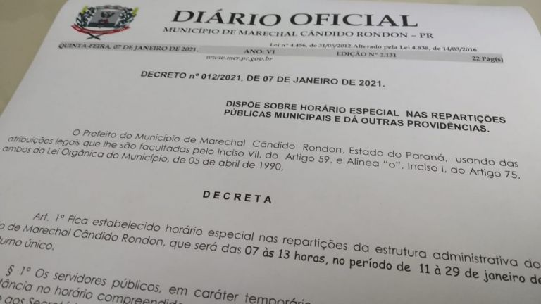 Repartições públicas de Marechal Rondon atenderão em horário especial de 11 a 29 de janeiro