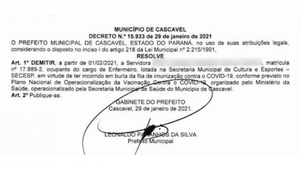 Demissão de servidora que furou a fila da vacina é publicada pela Prefeitura de Cascavel
