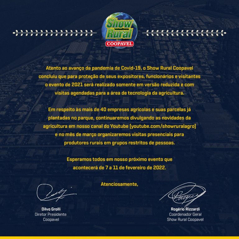 Coopavel divulga nota oficial sobre cancelamento do Show Rural, explica mudanças e convida à edição de 2022
