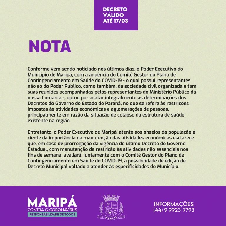 Administração de Maripá divulga nota sobre possibilidade de edição do Decreto Municipal