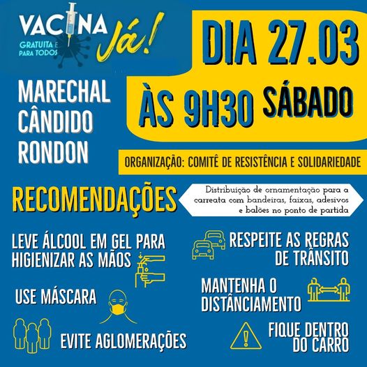 Carreata em defesa da vacinação em massa contra a Covid-19 acontece sábado em Marechal Rondon