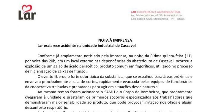 Lar se manifesta sobre acidente na unidade industrial de Cascavel