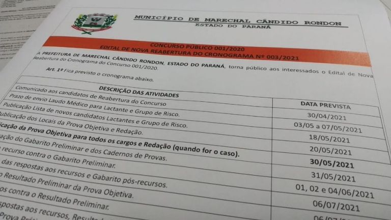 Provas objetivas dos concursos públicos de Marechal Rondon são remarcadas para 30 de maio