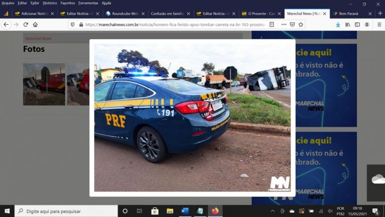 PRF registra mais um tombamento de carreta próximo ao portal de Marechal Rondon