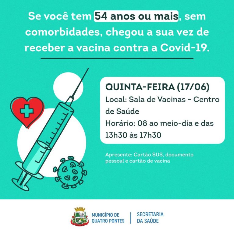 Vacinação contra a Covid-19 de pessoas de 54 anos ou mais sem comorbidades será amanhã