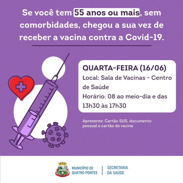 Vacinação contra a Covid-19 de pessoas de 55 anos ou mais sem comorbidades acontece hoje