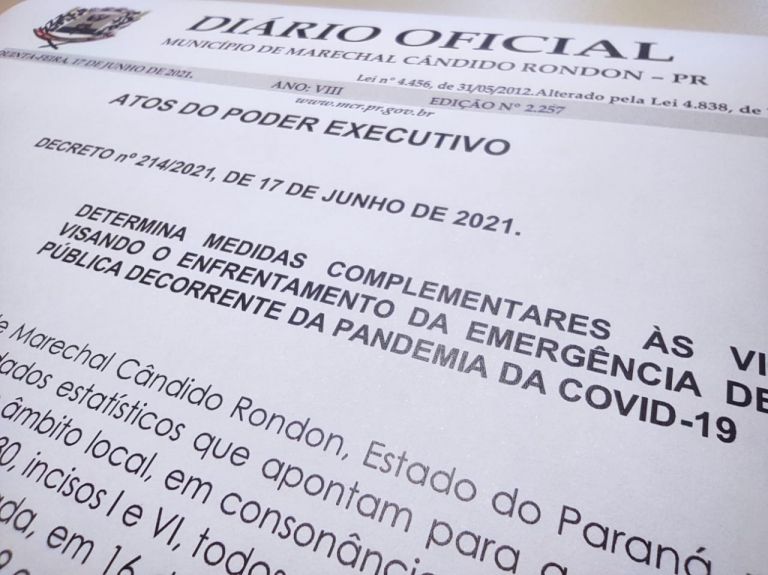 Decreto prorroga medidas de enfrentamento à Covid-19 em Marechal Rondon até o dia 30