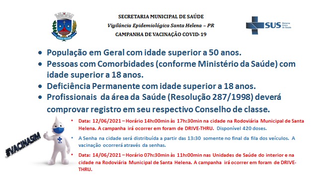 Amanhã tem vacinação para pessoas acima de 50 anos em Santa Helena