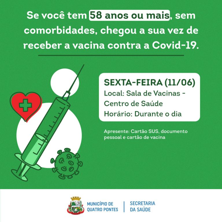 Quatro Pontes inicia amanhã vacinação da população em geral com 58 anos ou mais