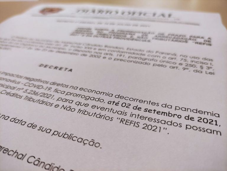 Refis 2021 é prorrogado até 02 de setembro em Marechal Rondon