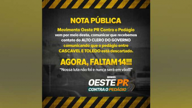 “Oeste contra pedágio” afirma que governo descartou praça entre Toledo e Cascavel
