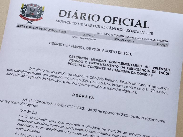Novo decreto dispõe sobre a presença de público em eventos esportivos em Marechal Rondon
