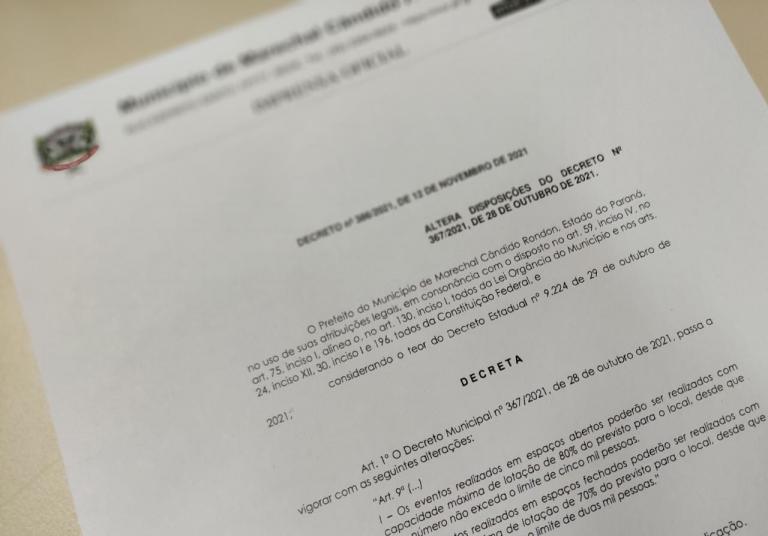 Novo decreto amplia o número de participantes em eventos em Marechal Rondon