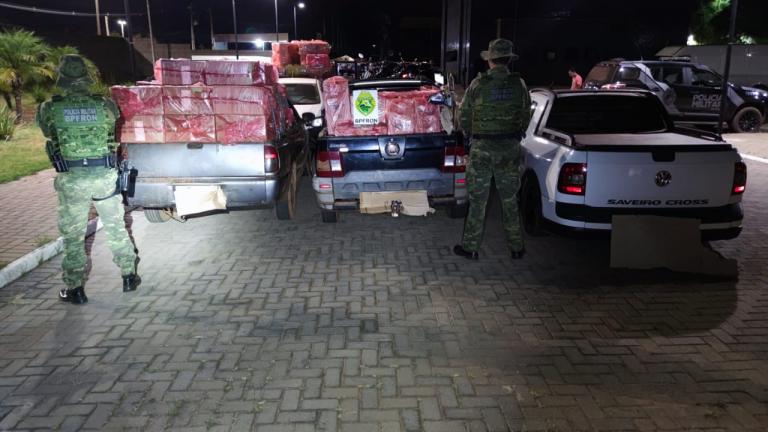 Apreensão milionário mobiliza BPFron e PF em Guaíra; veículos carregados com cigarros, arma e munições foram localizados