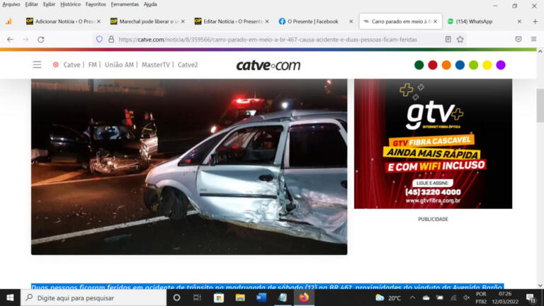 Carro parado em meio à BR-467 causa acidente e duas pessoas ficam feridas