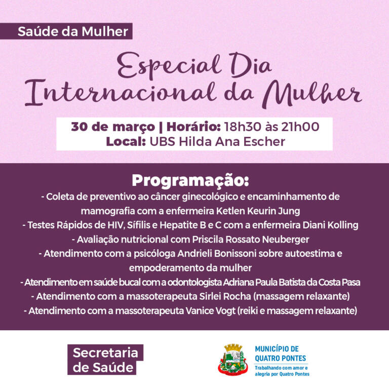 “Saúde da Mulher” acontece nesta quarta-feira em Quatro Pontes