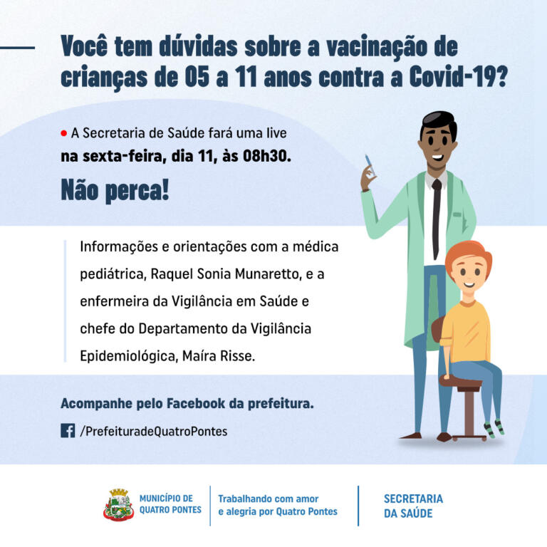 Secretaria de Saúde fará live sobre vacinação infantil contra Covid-19 na sexta-feira