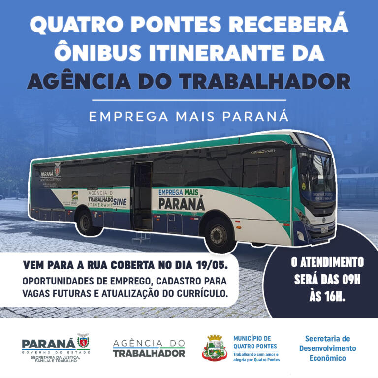 Ônibus Agência do Trabalhador Itinerante estará em Quatro Pontes nesta sexta-feira