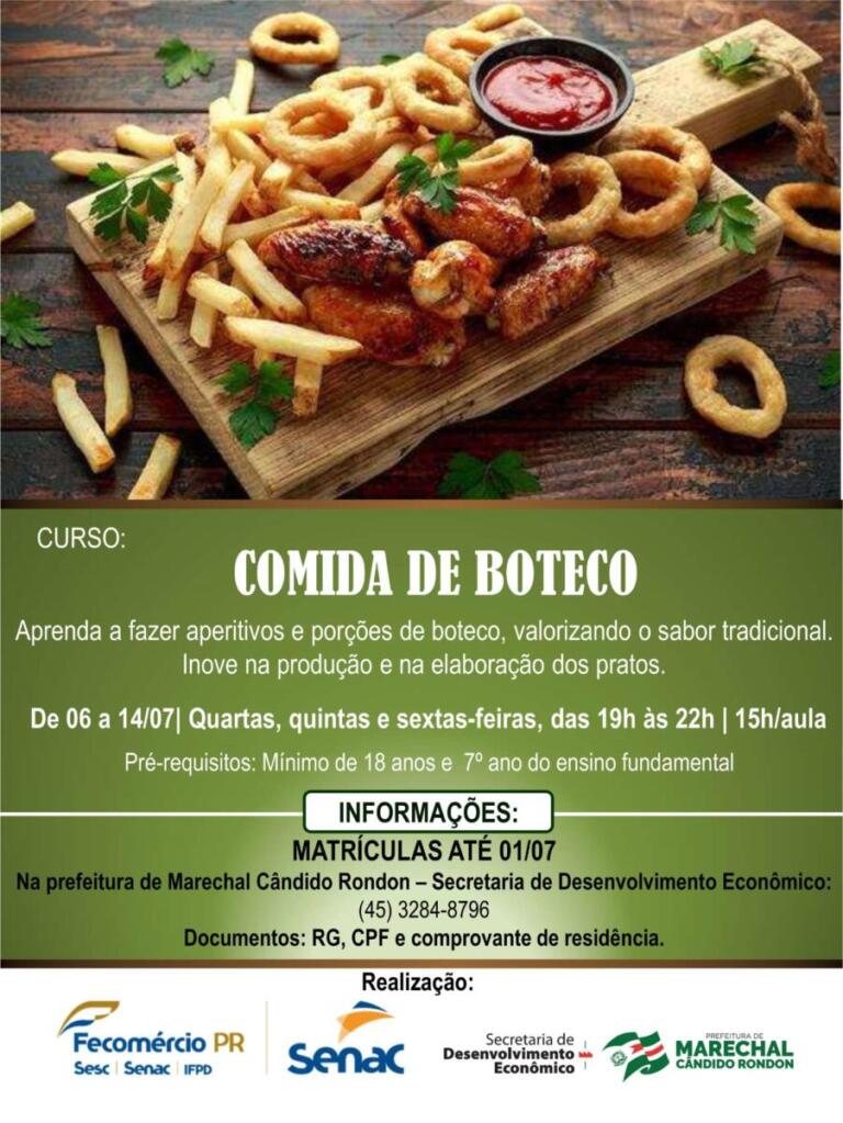 Inscrições de curso sobre preparo de comida de boteco estão abertas em Marechal Rondon