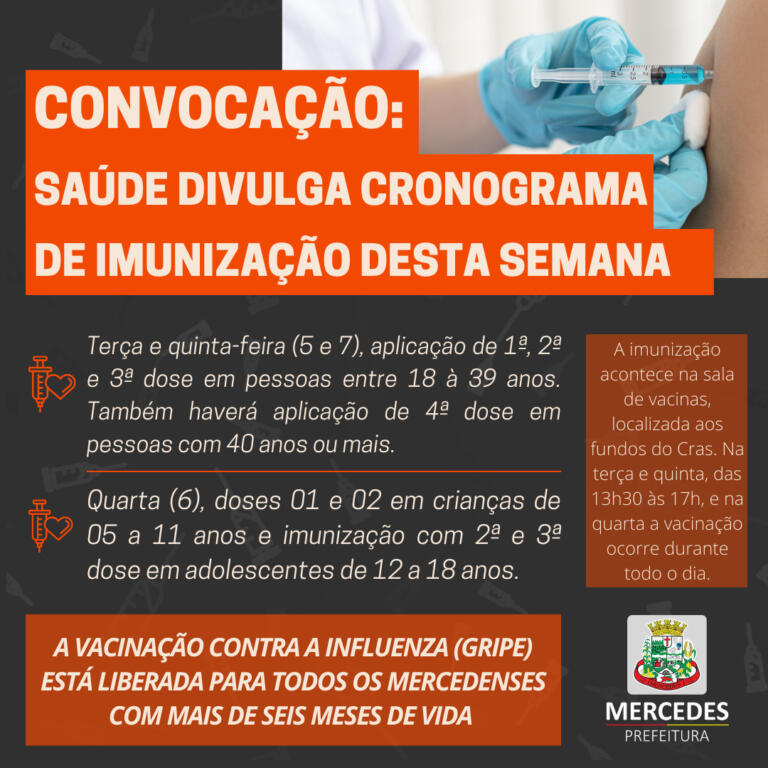 Imunização contra Covid nesta semana contempla 1ª, 2ª, 3ª e 4ª dose em Mercedes