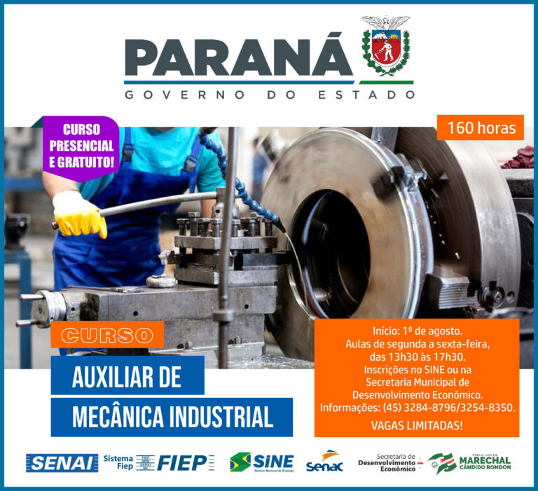 Abertas inscrições ao curso de Auxiliar de Mecânica Industrial em Marechal Rondon