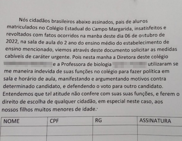 Abaixo-assinado denuncia diretora e professora “fazendo política” em sala de aula em Margarida