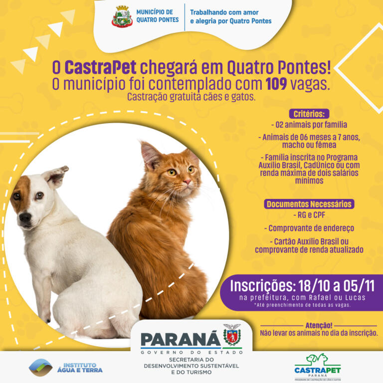 Quatro Pontes terá 109 vagas no CastraPet Paraná; inscrições começam em 18 de outubro