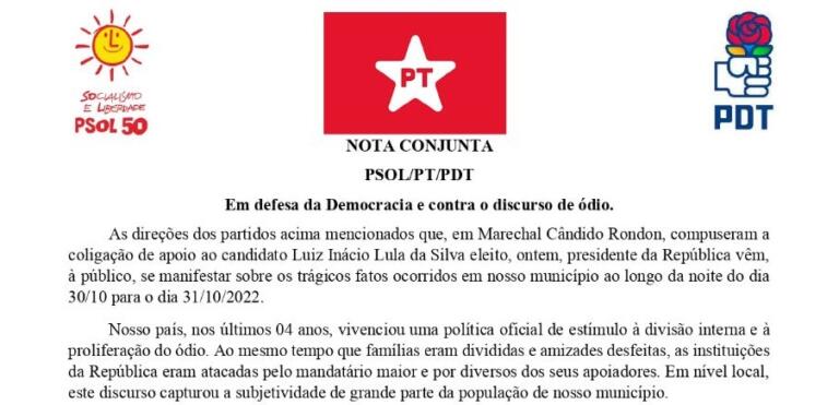 Diretórios do PSOL, PT e PDT de Marechal Rondon emitem nota em defesa da democracia