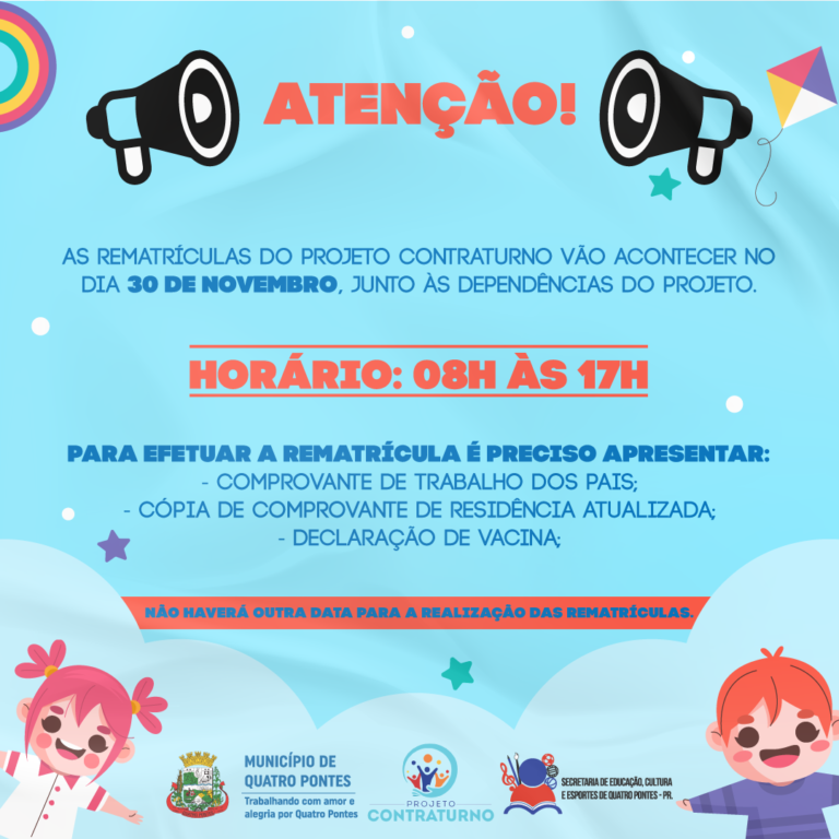 Projeto contraturno fará matrículas e rematrículas amanhã e quarta-feira