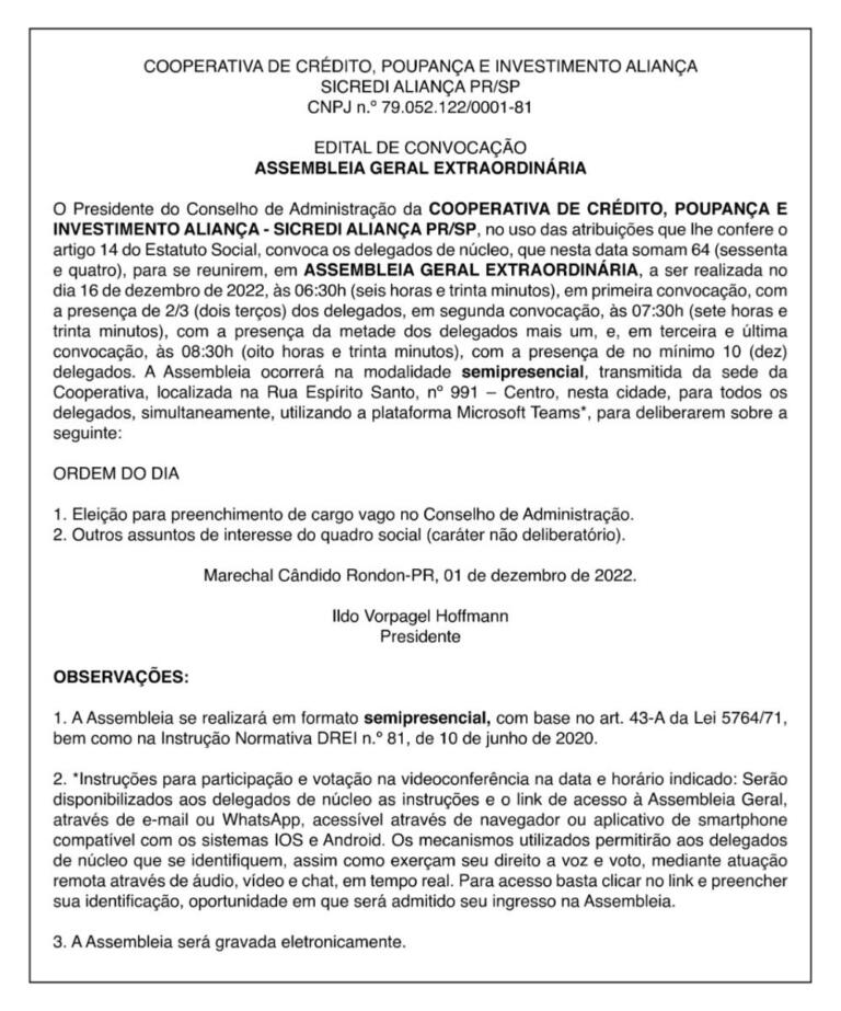 Sicredi Aliança PR/SP divulga edital de convocação para assembleia geral extraordinária