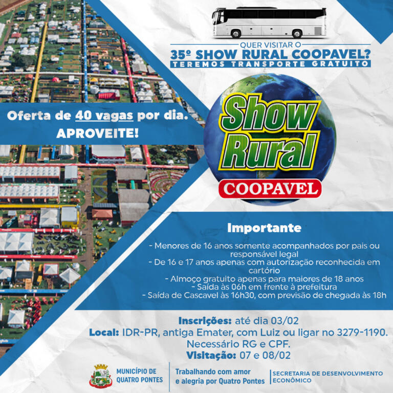 Prefeitura de Quatro Pontes abre inscrições para visitação ao 35º Show Rural Coopavel