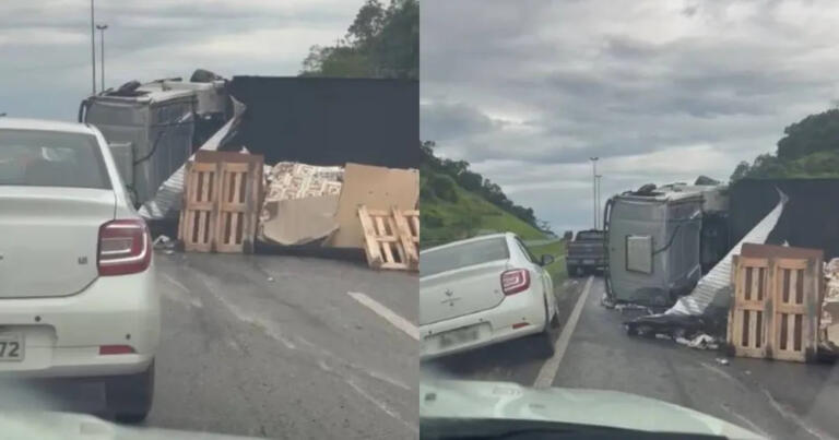 Caminhão carregado de cerveja tomba na BR-277 e trânsito flui em uma pista