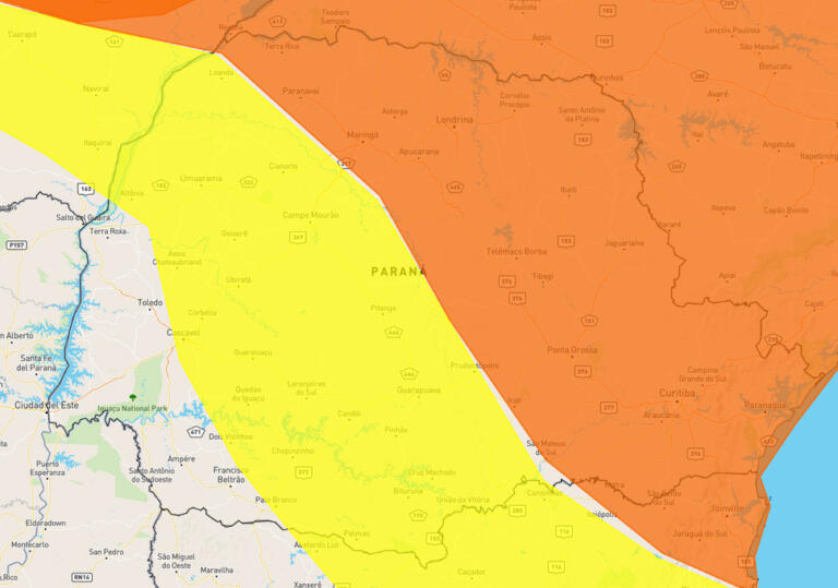 Maior parte do Paraná está em alerta laranja ou amarelo