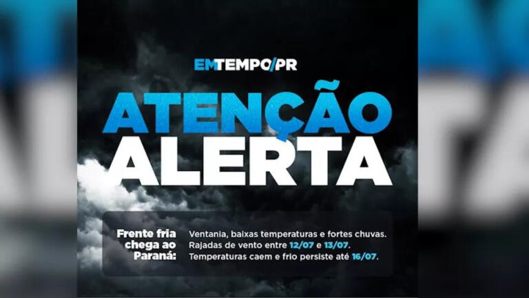 Simepar alerta para chuva com ventos fortes e baixa temperatura nos próximos dias