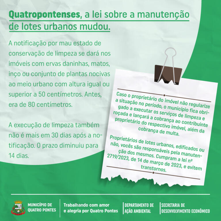 Donos de lotes vagos em Quatro Pontes serão multados caso não limpem os imóveis