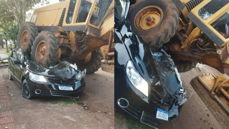 Máquina niveladora desgovernada destrói carro em município do Paraná