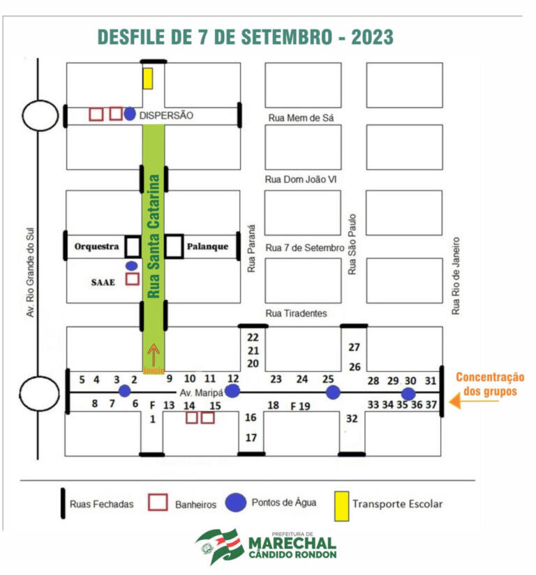 Desfile cívico acontece nesta quinta-feira na Rua Santa Catarina em Marechal Rondon