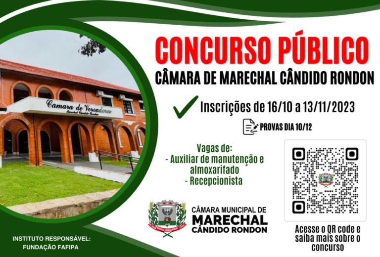 Hoje é último dia para inscrições ao concurso público da Câmara de Marechal Rondon