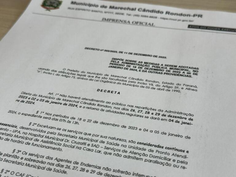 Publicado decreto que orienta sobre atendimento nas repartições públicas de Marechal Rondon neste fim de ano