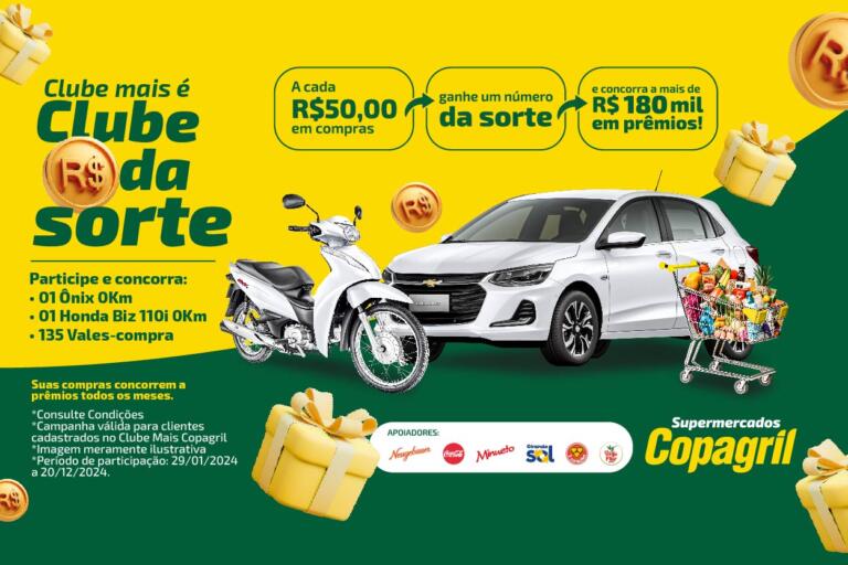 Supermercados Copagril sortearão um carro e mais 136 prêmios na nova campanha do Clube Mais