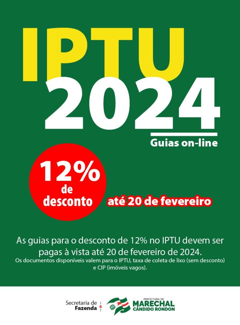 Hoje é o último dia para o pagamento do IPTU com 12% de desconto em Marechal Rondon