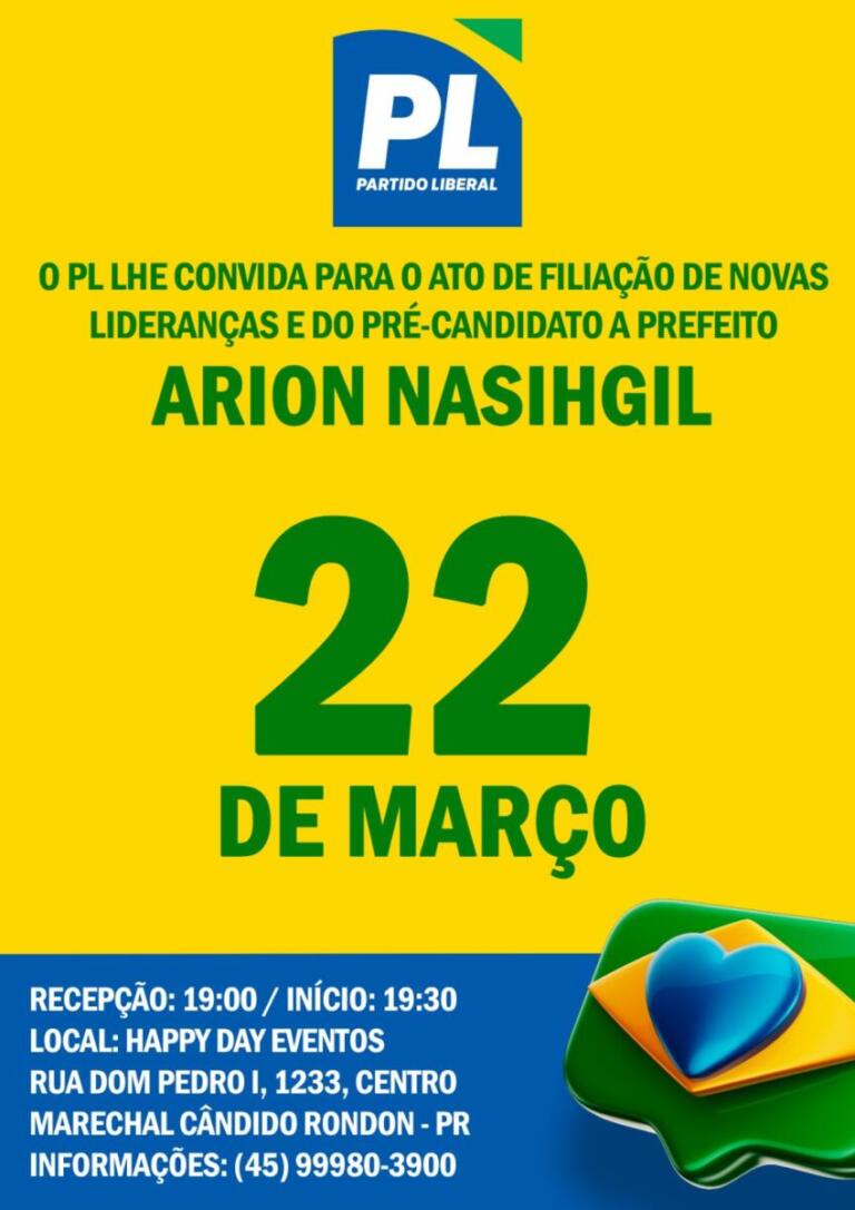 Evento de filiação de Arion Nasihgil e lideranças ao PL acontece nesta sexta-feira