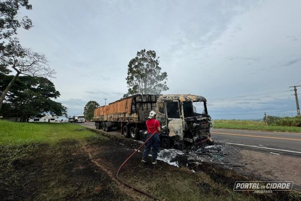 Caminhão que seguia para Toledo com barris de chopp pega fogo na PR-323