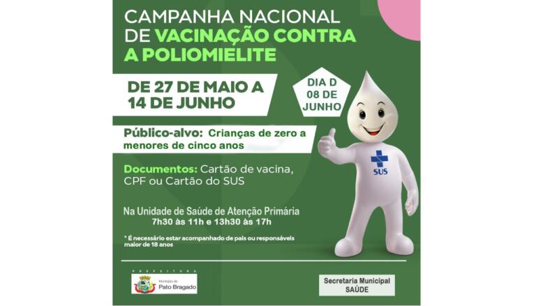 Dia D de vacinação contra a pólio ocorre sábado em Pato Bragado