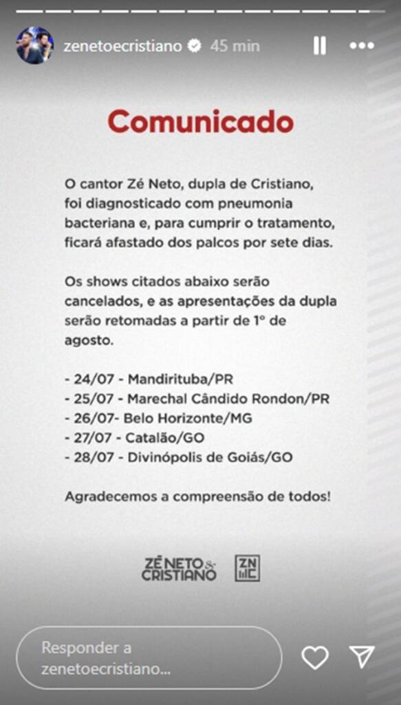 Confira o comunicado oficial emitidos pelos cantores