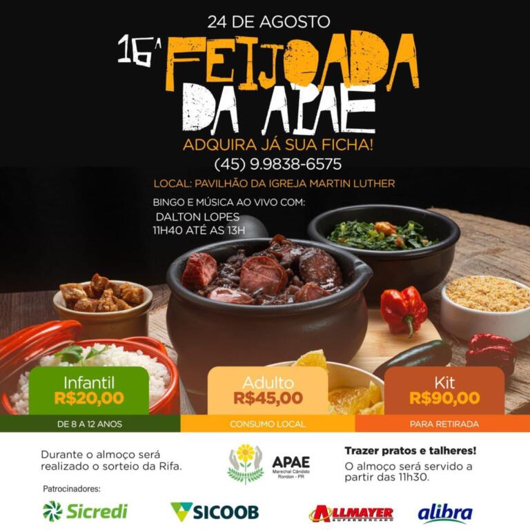 16ª Feijoada da Apae acontece neste sábado com bingo e sorteio de rifa
