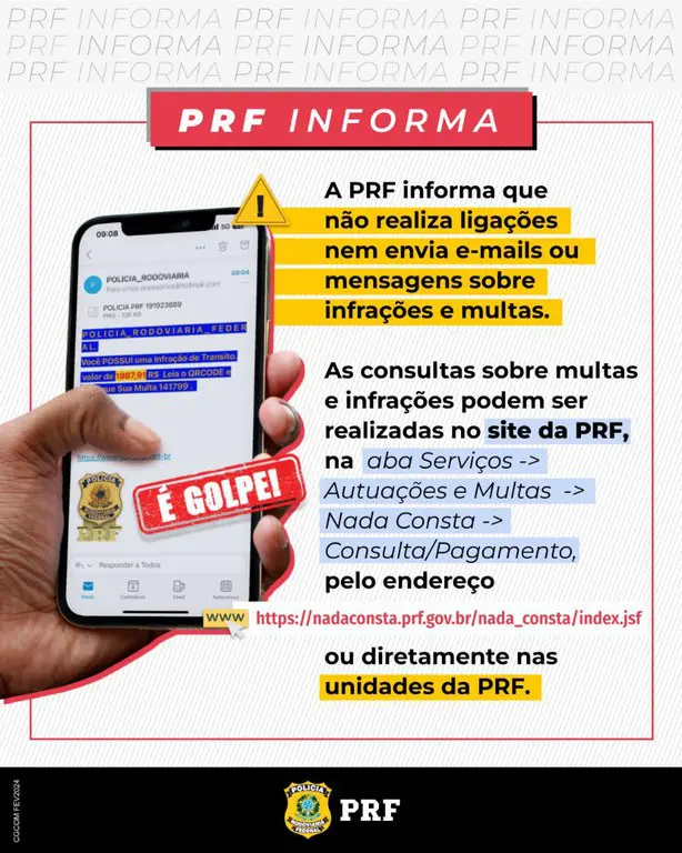 PRF alerta sobre golpe da falsa multa por e-mails ou ligações