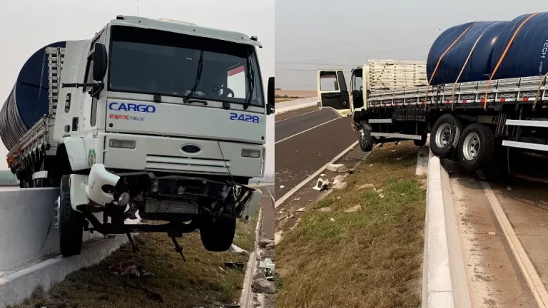 Caminhão fica suspenso em mureta na BR 163 em Cascavel