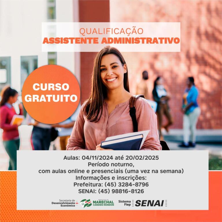 Abertas inscrições para curso de assistente administrativo em Marechal Rondon